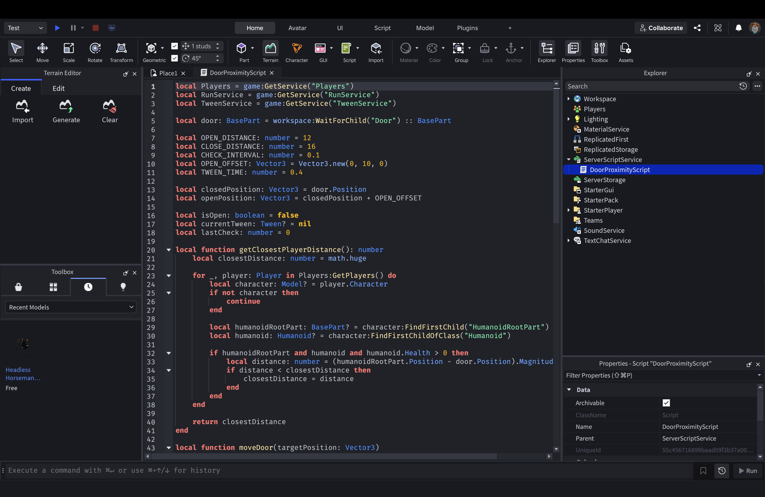 BloxScribe generating a Luau script in Roblox Studio